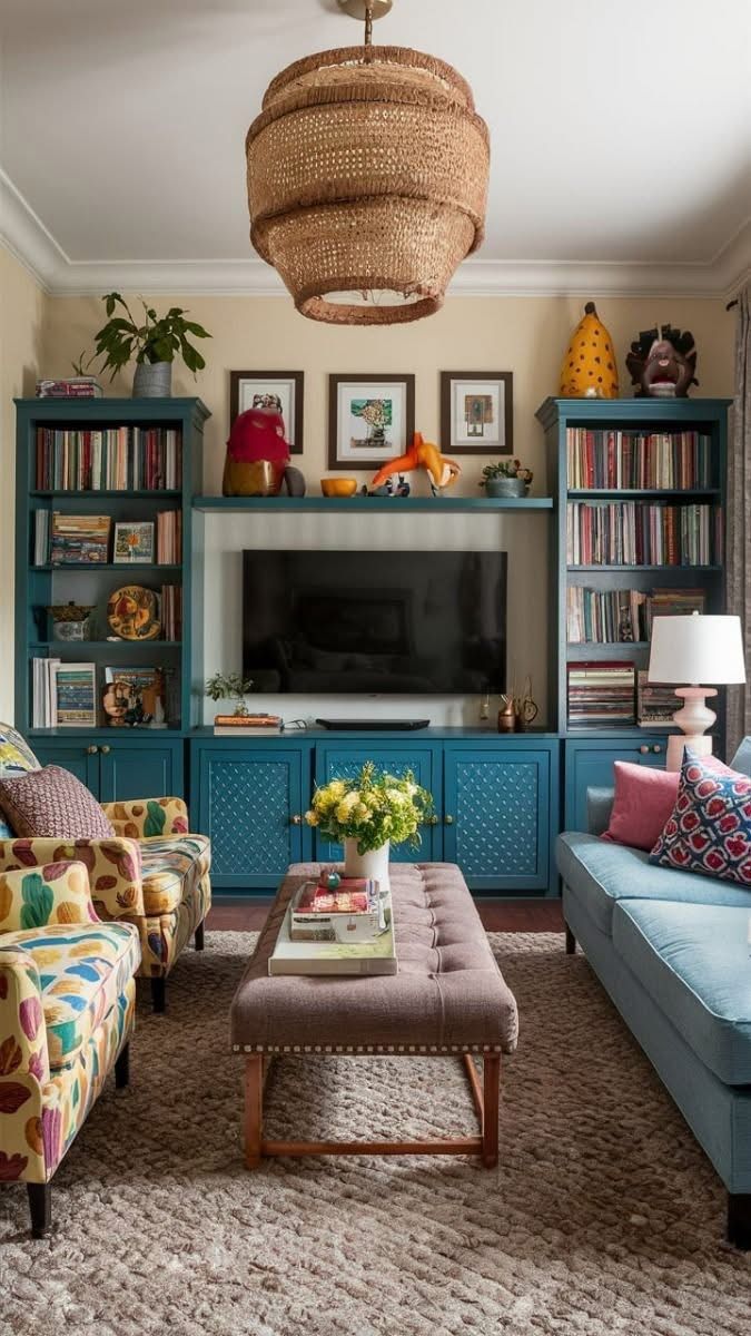 Phòng khách với kệ xanh, đèn mây và sofa xanh nhạt